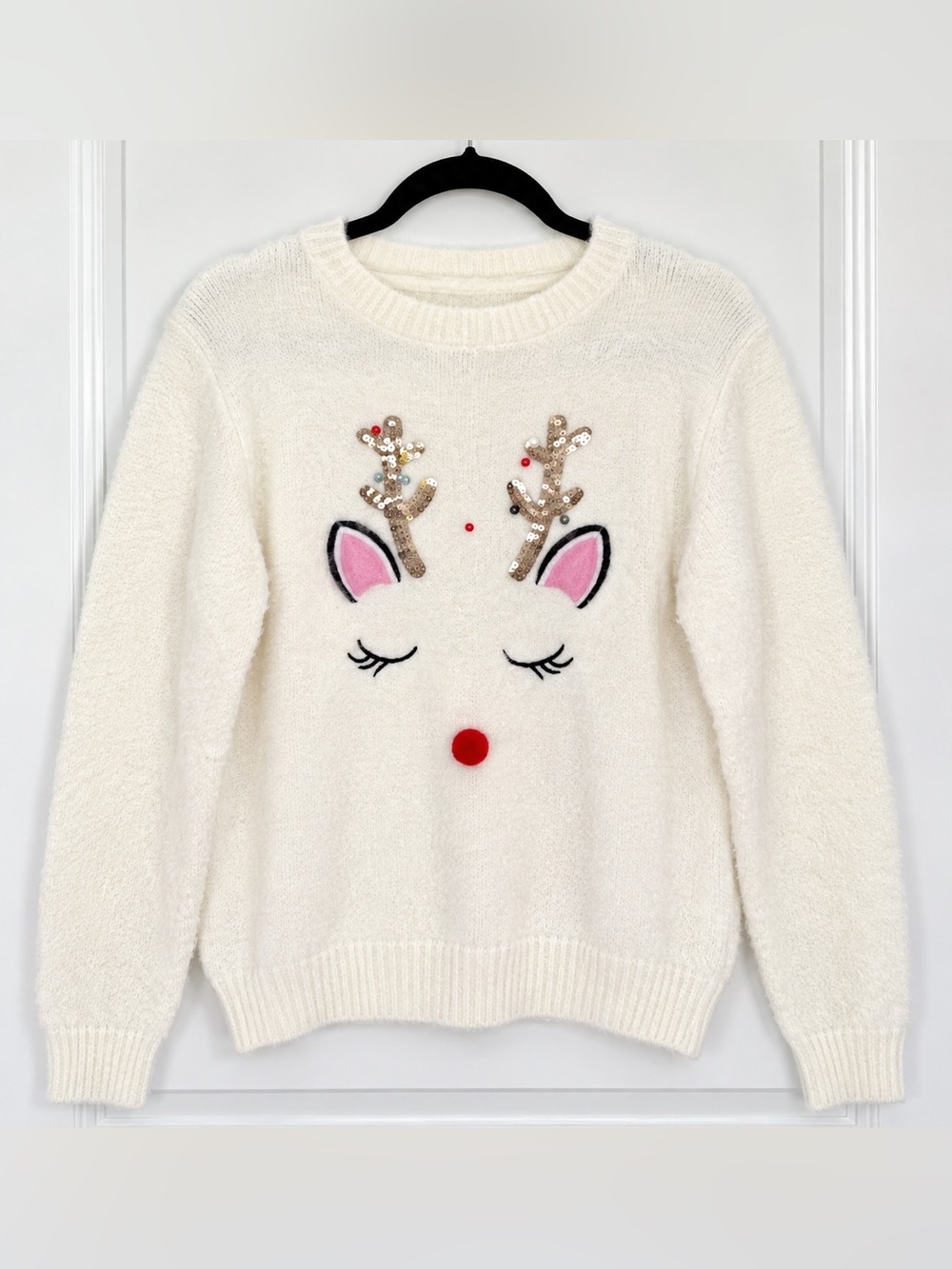 Reindeer Ugly Christmas Sweater Sequin Rudolph Fuzzy White Size M